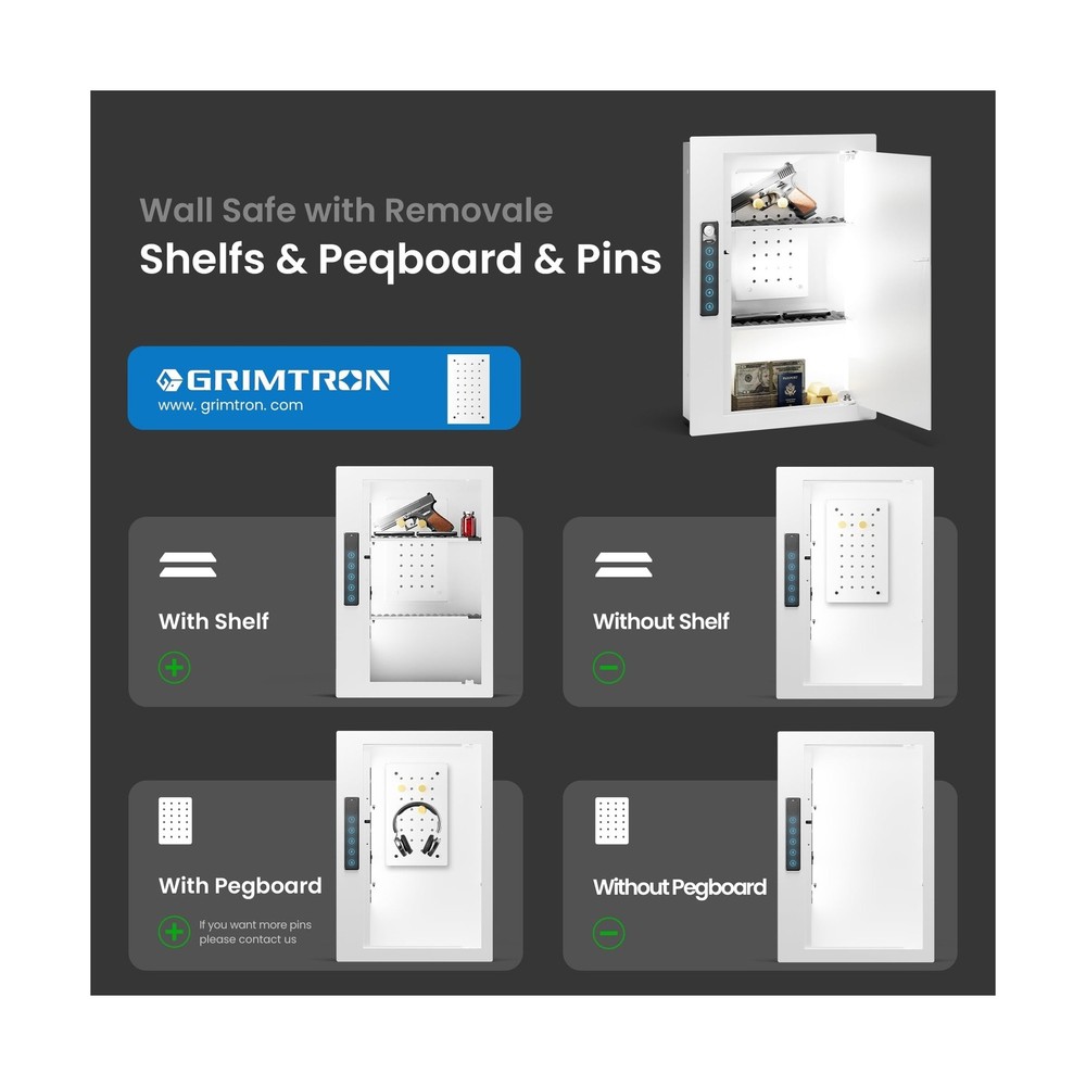 Grimtron Quick Access White Wall Safe with Removable Pegboard & Shelfs, Flat ...