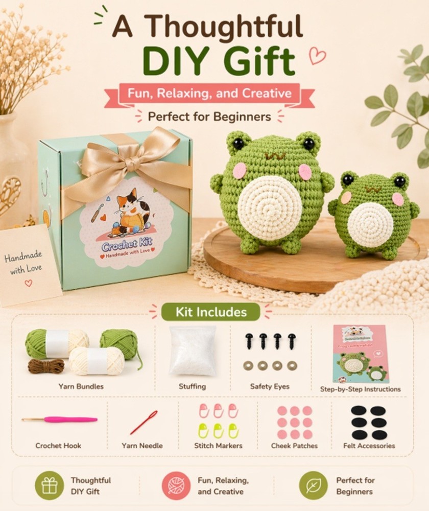 Frog Crochet Kit 2 Pack for Beginners Amigurumi DIY Set with Video Tutorial