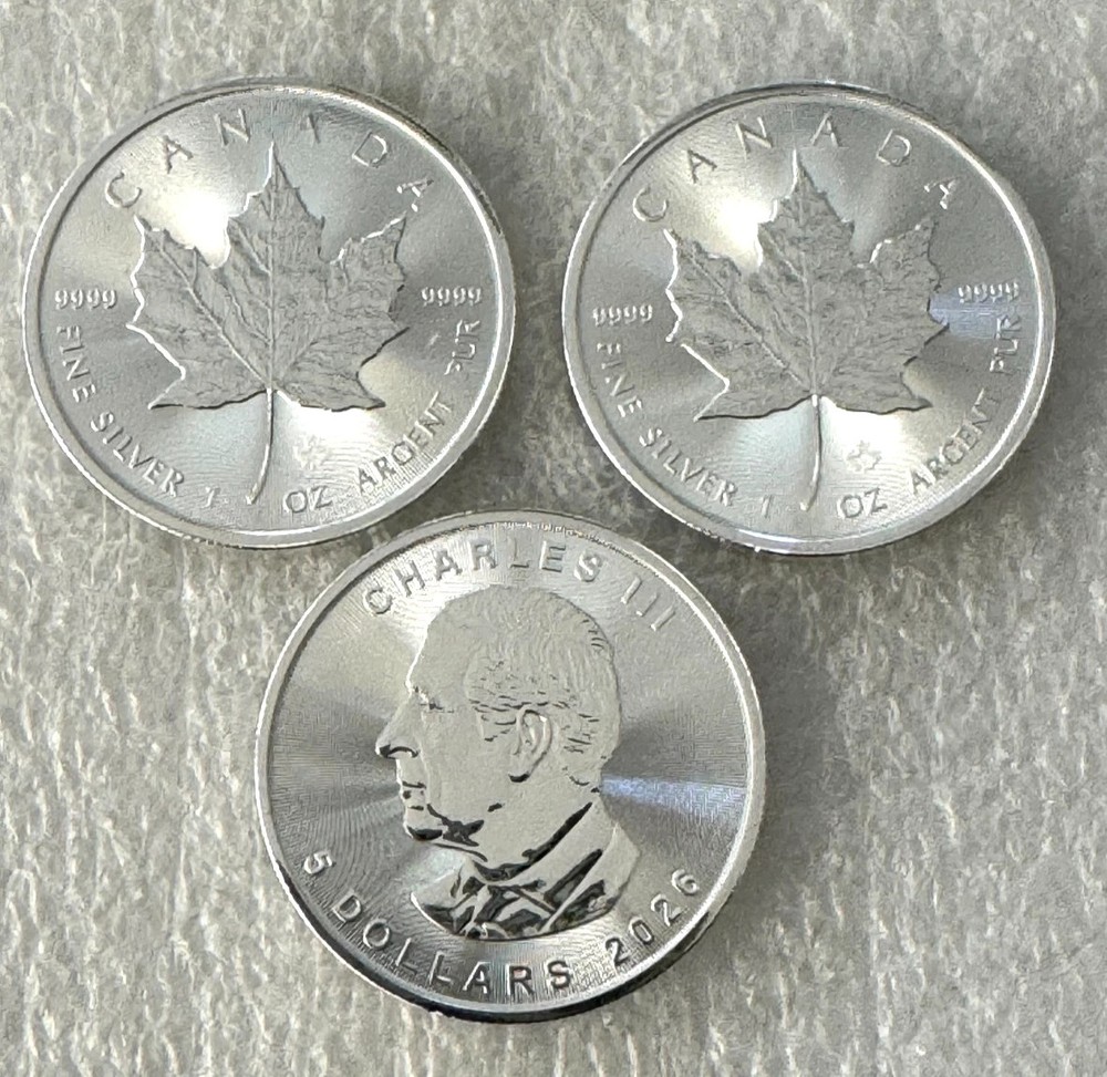 Lot of 3 Silver 2026 Canada 1 oz .9999 Silver Maple Leaf $5 Coins