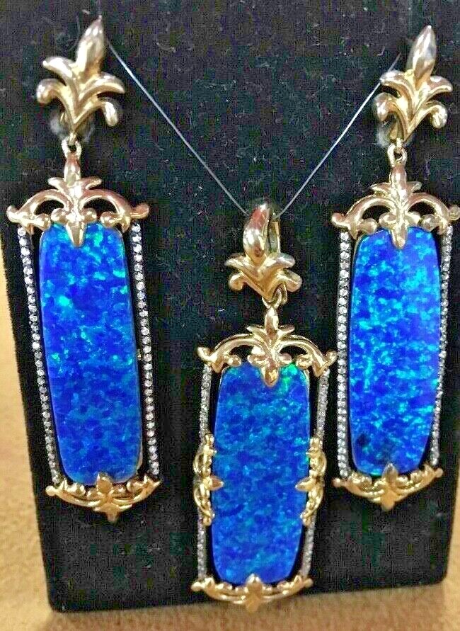 Sterling Silver Gilson Opal Gold Vermeil Rectangular Earring & Pendant Set