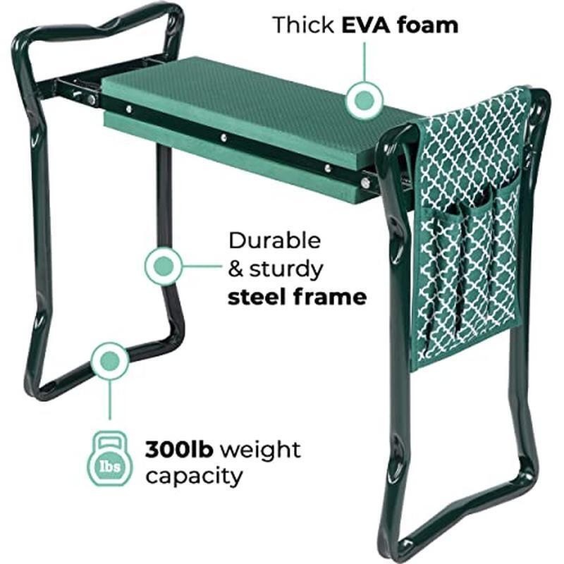 Folding Garden Stool Metal Frame Rectangular Cushion W/ Side Tool Pouch & Gloves