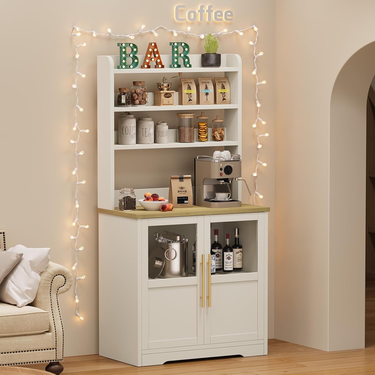 Freestanding 6-Tier Microwave Stand Bakers Rack with Power Outlet Door Storage