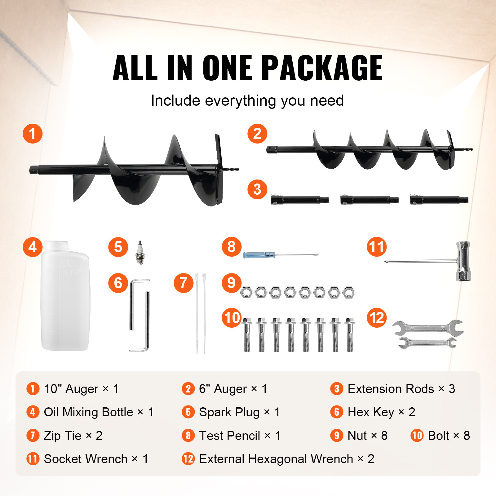 VEVOR 52cc Gas Powered Post Hole Digger with 6 in & 10 in Augers
