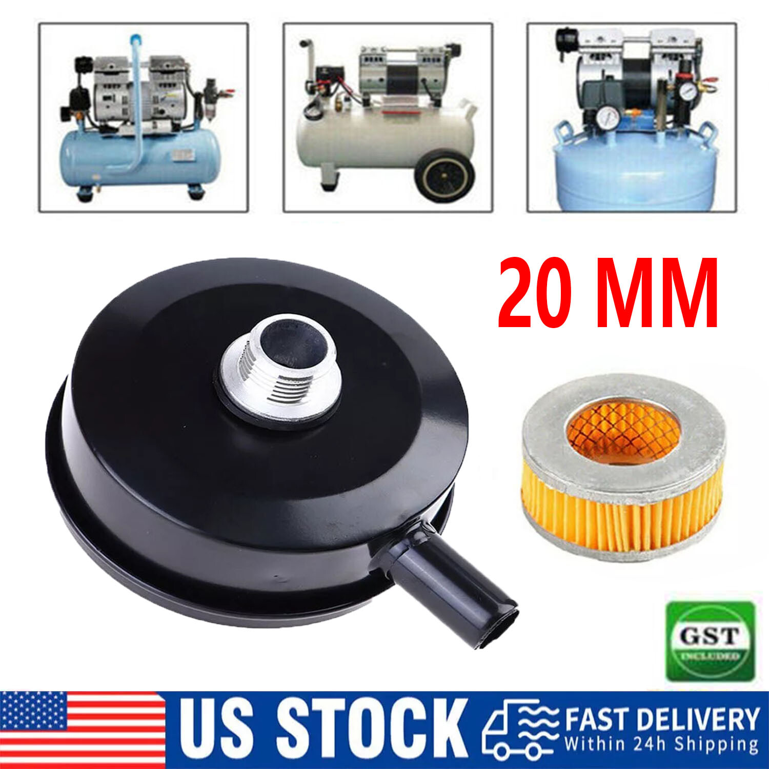1/2" 20mm Thread Air Compressor Intake Filter Muffler Silencer Black-Metal T5