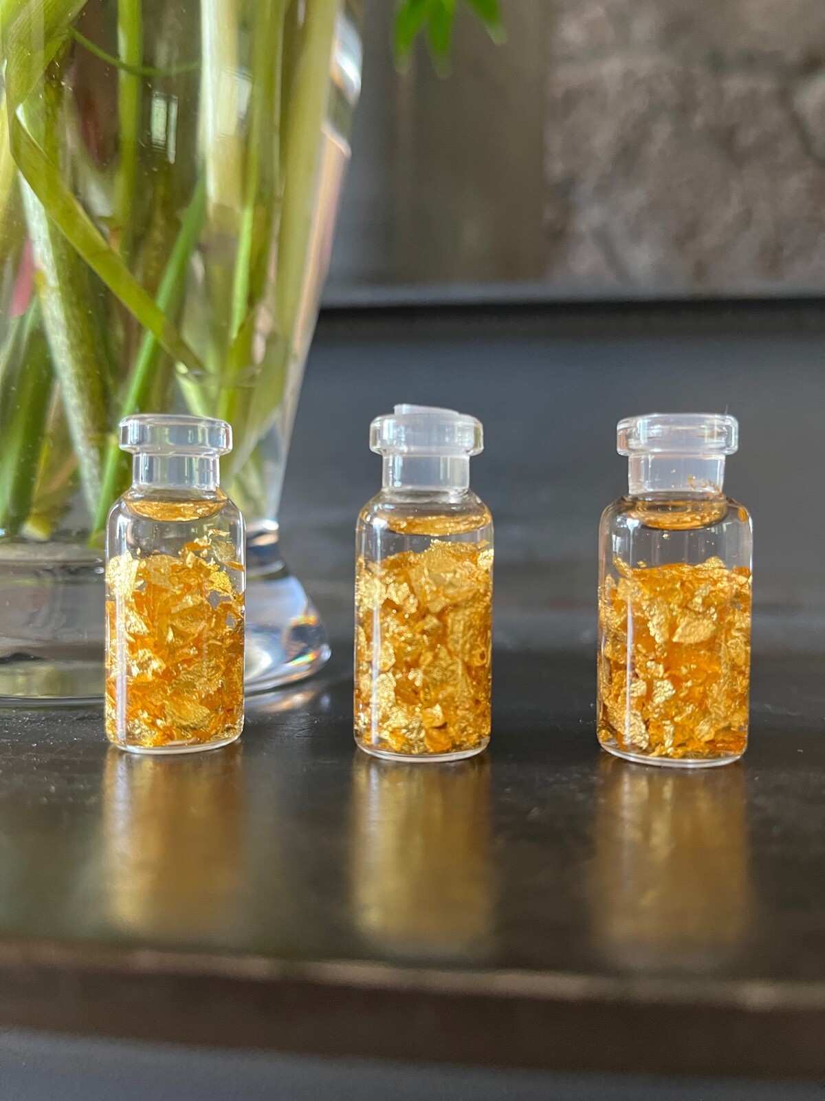 gold flakes in a bottle real gold pounded flat beautiful rich gold color 3 piece