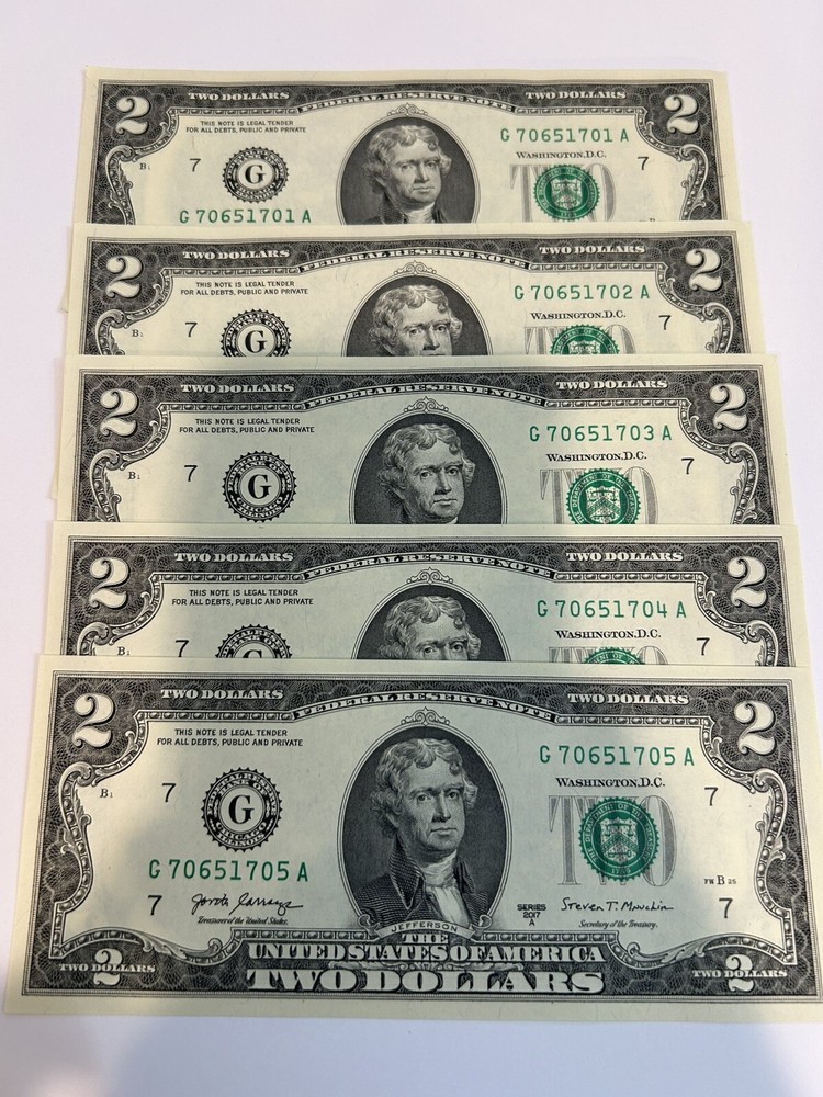 5 New Uncirculated Sequential $2 (Two) Dollar Bills Consecutive --BEP 2017 Crisp