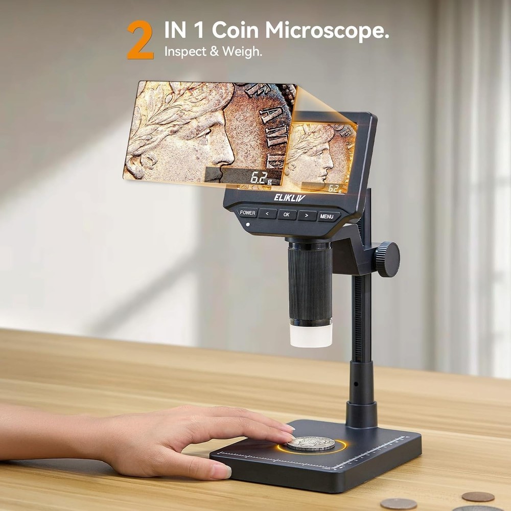 Coin Microscope with Scale：4.3" Digital Microscope with Adjustable LED, Error...