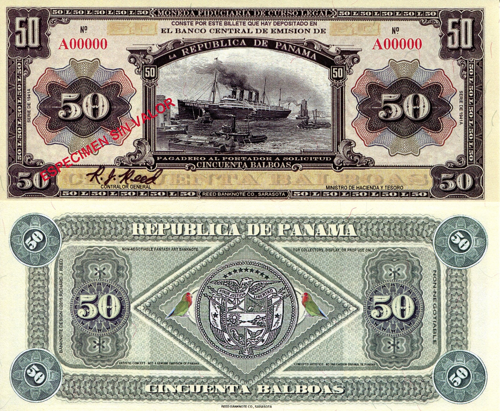 PANAMA 50 BALBOAS OLD 4-FUNNEL OCEAN LINER REED FANTASY ART BANKNOTE DESIGN!