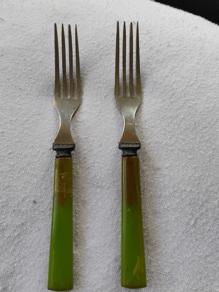 2 Vtg Green Bakelite Handled Dinner Forks Flatware
