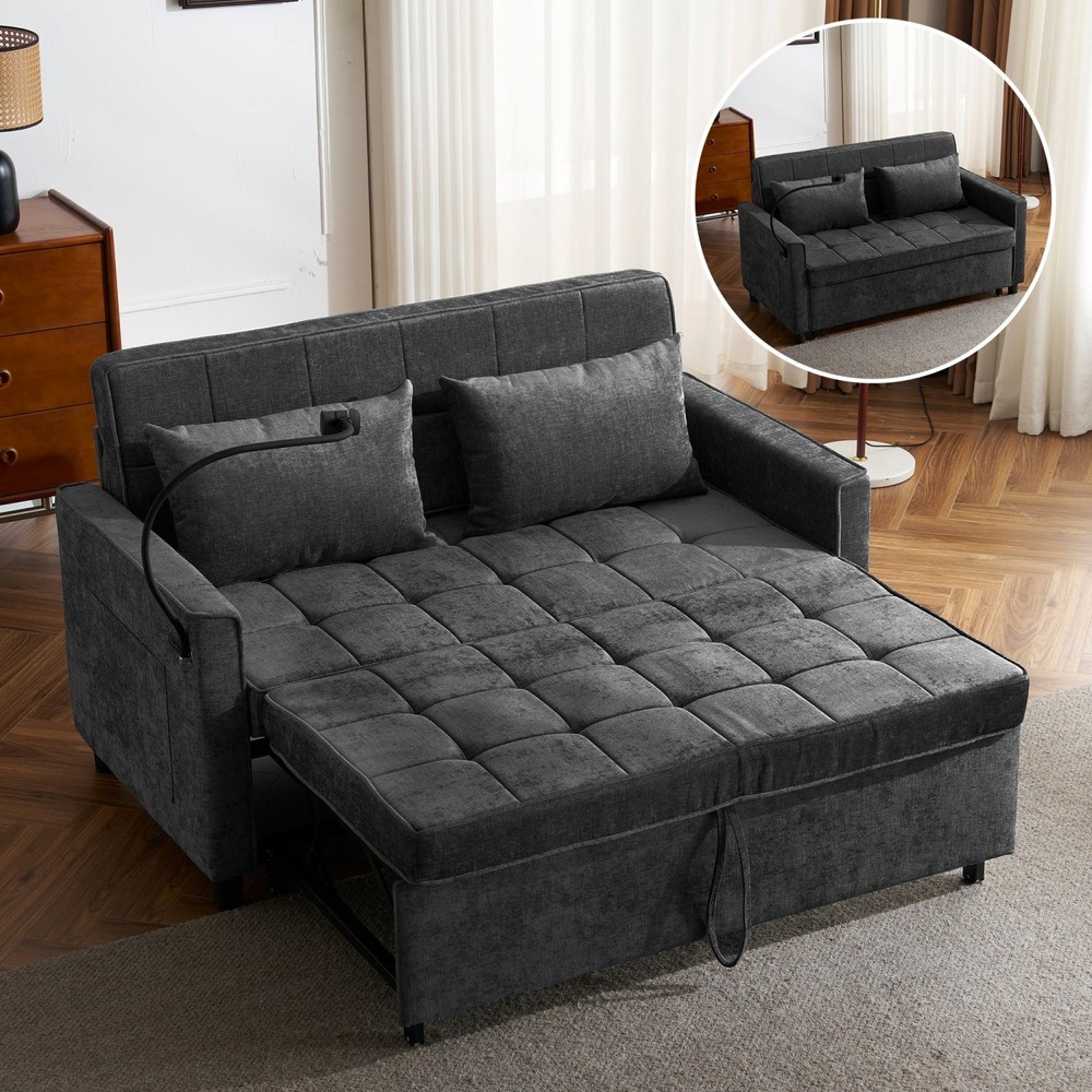 56.9'' Convertible Sleeper Sofa Bed Loveseat Sofa w/ Pull Out Bed & USB Ports