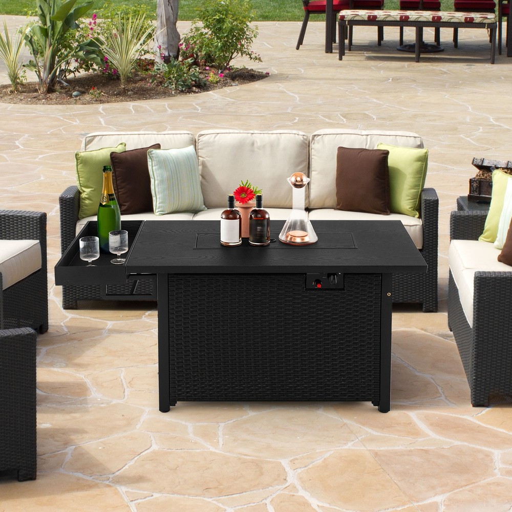 2-in-1 52" Rectangular Wicker Fire Table w/ Cover 50,000 BTU Black