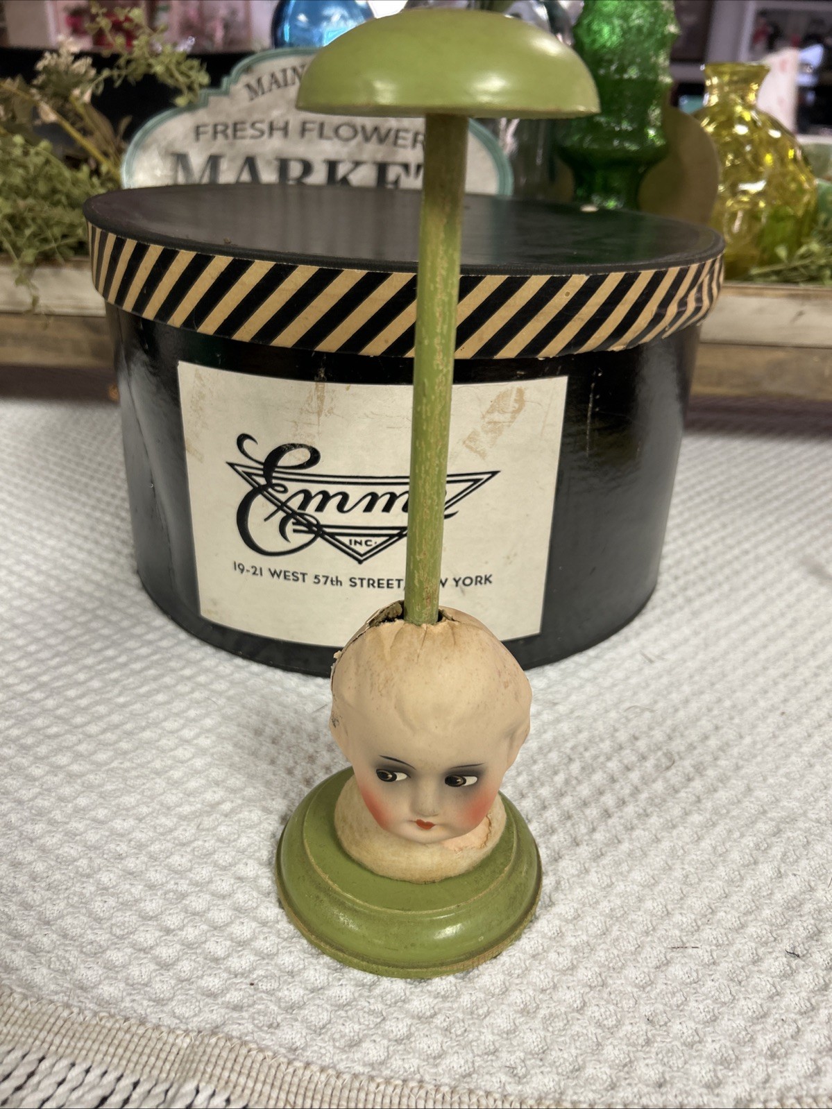 Antique Papier-Mâché Side Eyed Doll Head Girl Wood Hat Stand 9.5" Creepy Germany