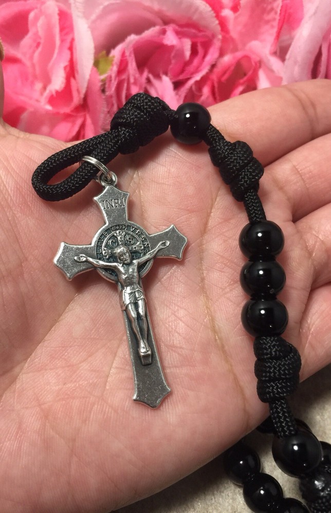 Black Beads Rosary, St. Benedict Crucifix, Durable Rosary- Handmade