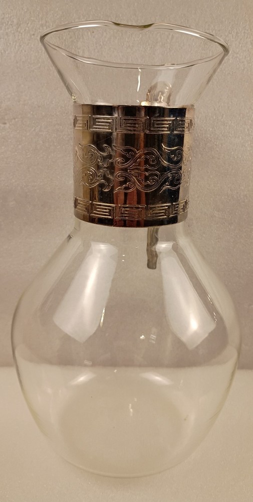 Clear Glass Pitcher With Silver Collar And Handle Vintage Decorative...