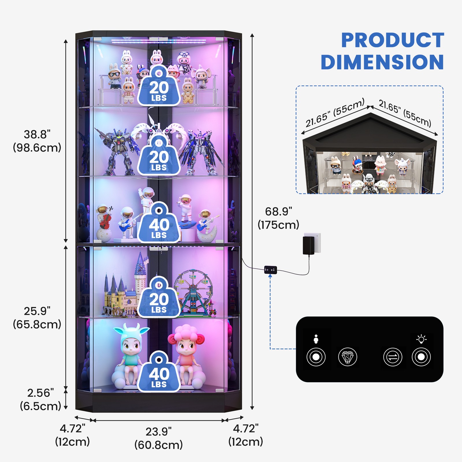 Black Curio Cabinets with RGB Lights, 69" Tall Display Cases for Collectibles