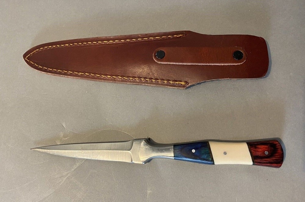 CUSTOM DOUBLE EDGED DAGGER KNIFE LEATHER SHEATH PATRIOTIC HANDLE