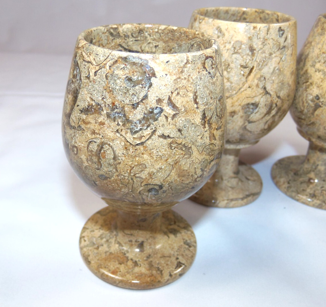 Set of 4 Exquisite 5" Kuwaiti Stone Goblets - Unique Hand-Carved Drinkware