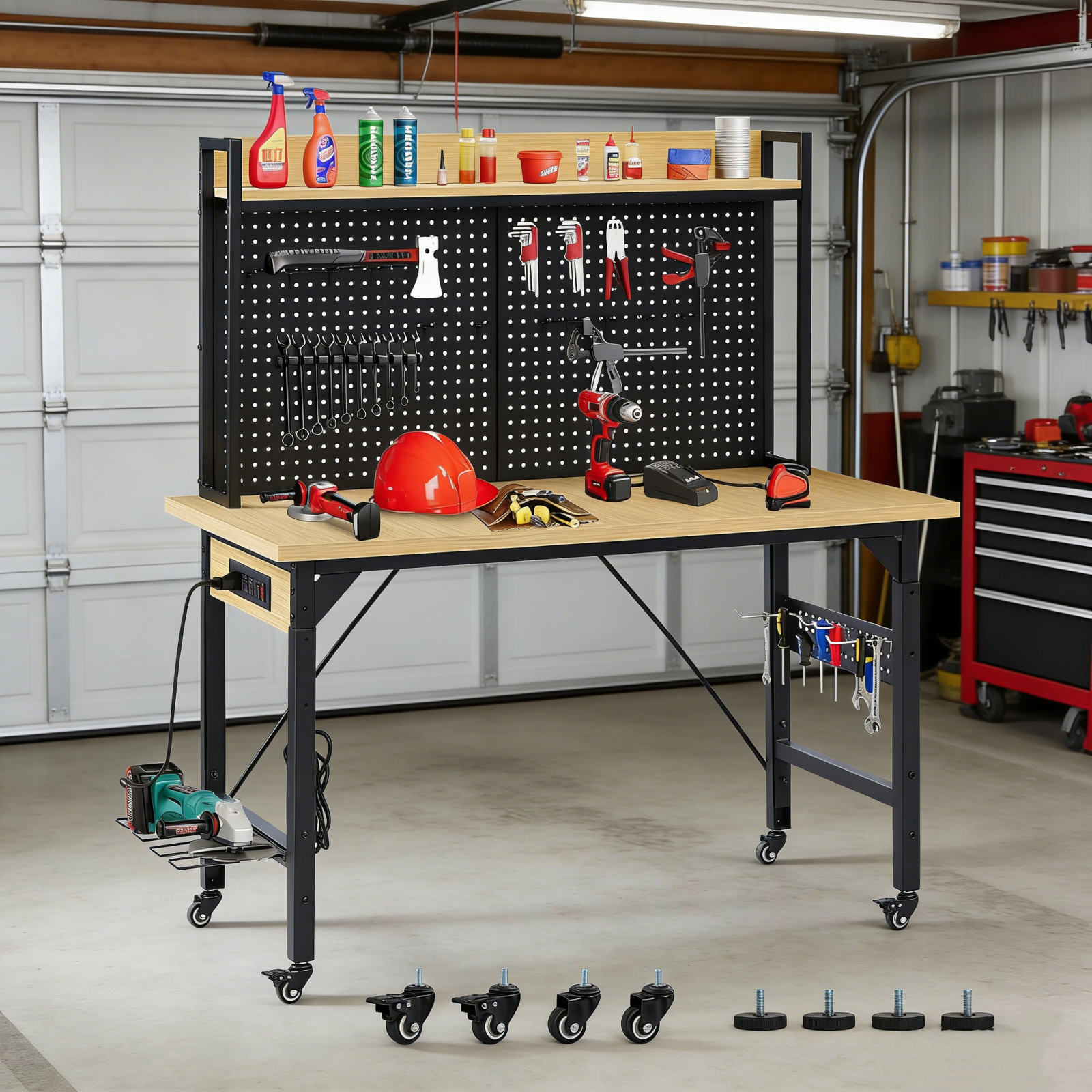 48''Adjustable Workbench Heavy Duty W/Pegboard  and  Wheels for Garage Workshop