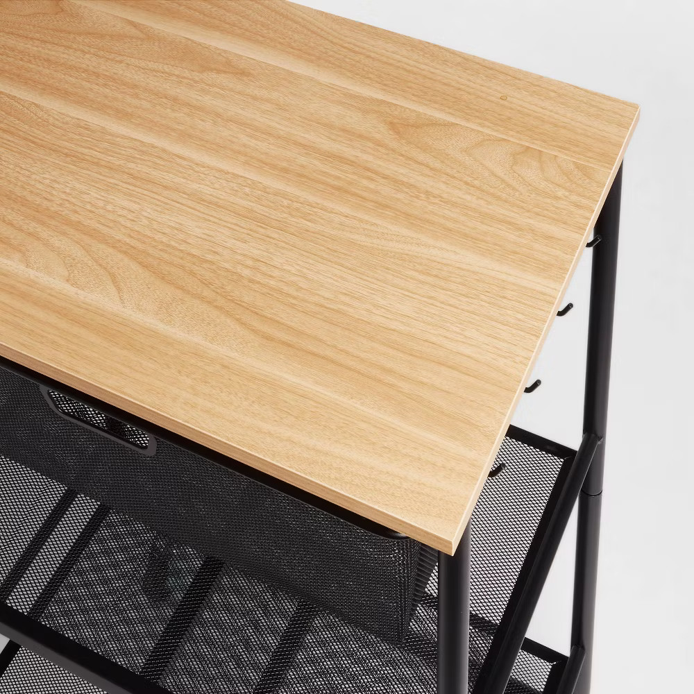 Brightroom Modern Plastic Steel Wood 3 Shelves Hooks Storage Black Metal Mesh