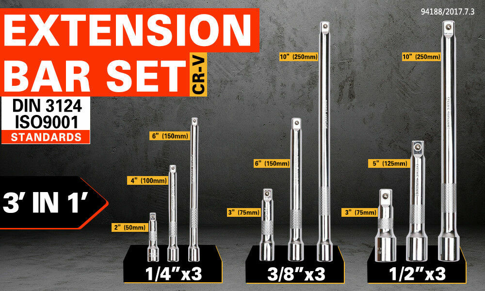 9pc 1/4 3/8 1/2 Drive Extensions Extend Bars Set Ratchet Sockets Wrenches