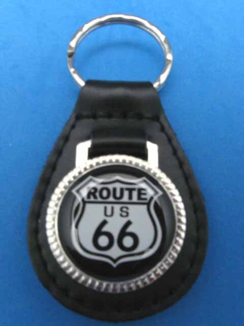 ROUTE 66 BLACK LEATHER KEYRING KEYFOB WHITE SHIELD #111