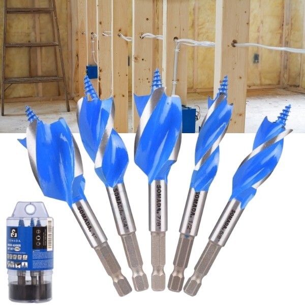 SOMADA Auger Drill Bit Set, 5-Piece, 1/2", 5/8", 3/4", 7/8" and 1" Inch Size