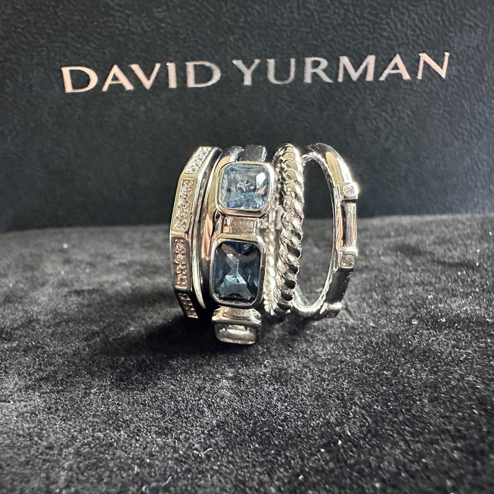 DAVID YURMAN 925 Sterling Silver Blue Topaz Cable Stack Ring size 8