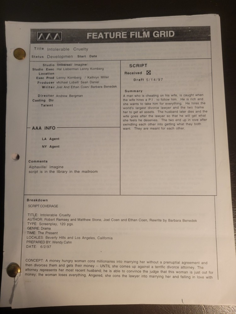JOEL & ETHAN COEN: Intolerable Cruelty 1997 Script & Full Studio Coverage Report
