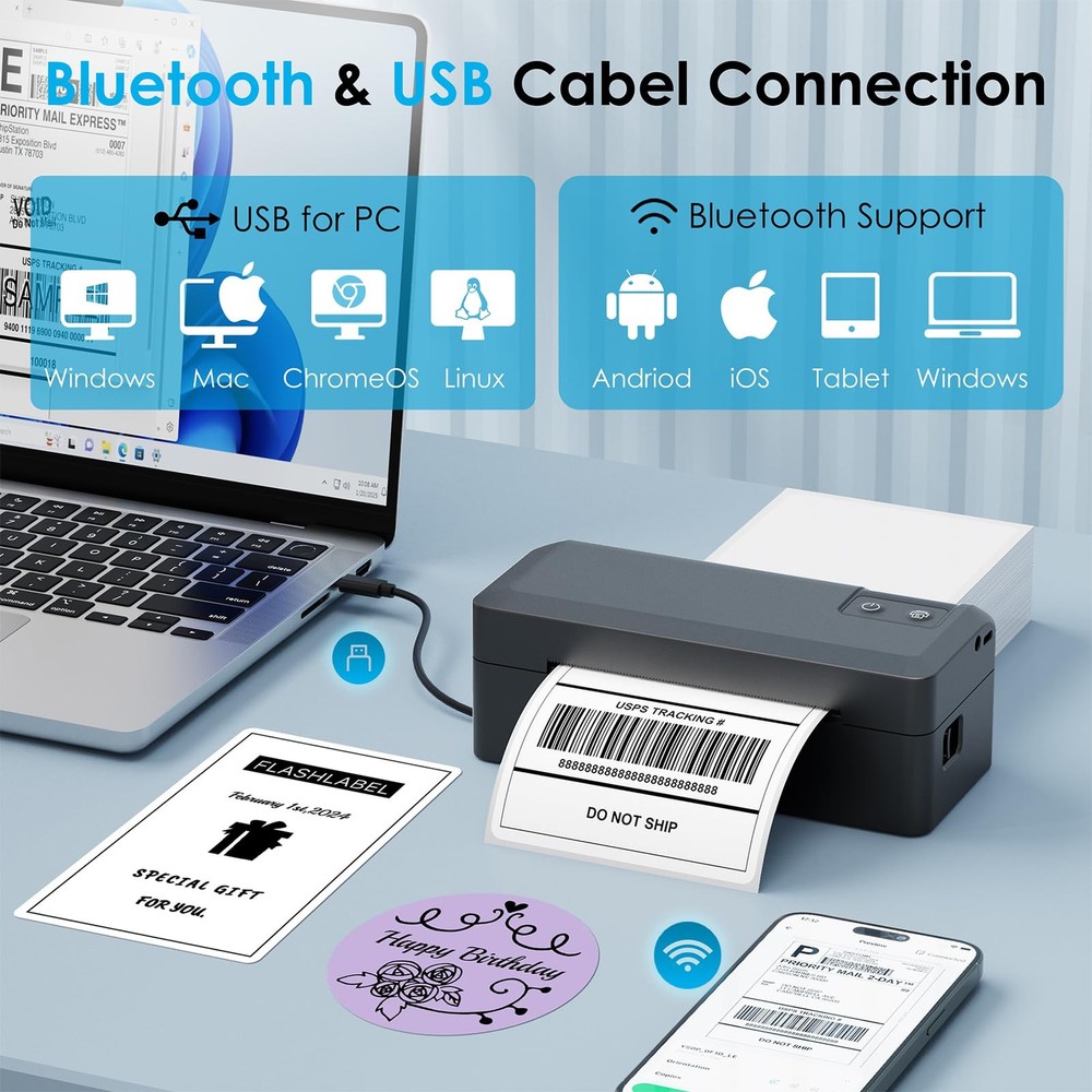 Shipping Thermal Label Printer, 4x6 Portable Label Printer, Bluetooth Label M...