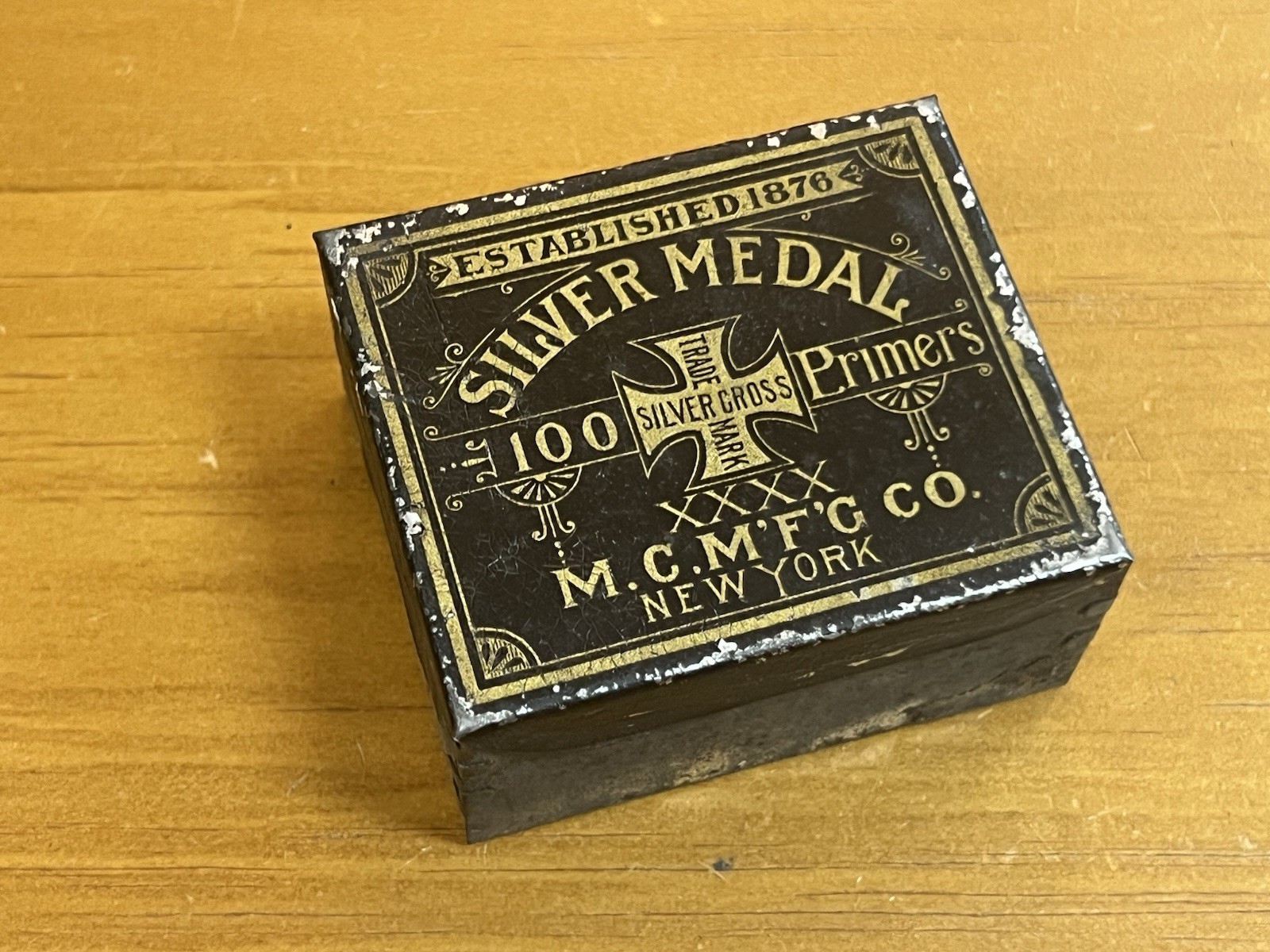 Antique Blasting Cap Primers Empty Metal Box Silver Medal