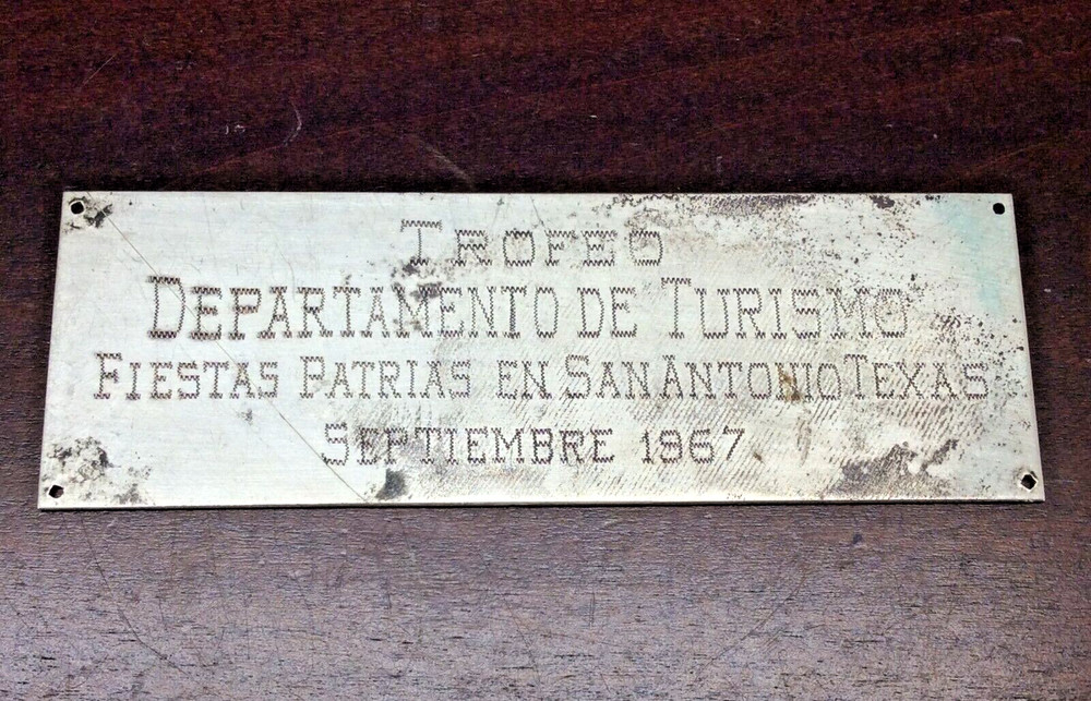 Silverplate Trophy Plaque Fiestas Patrias San Antonio TX Sept 1967 5" x 2" Vtg