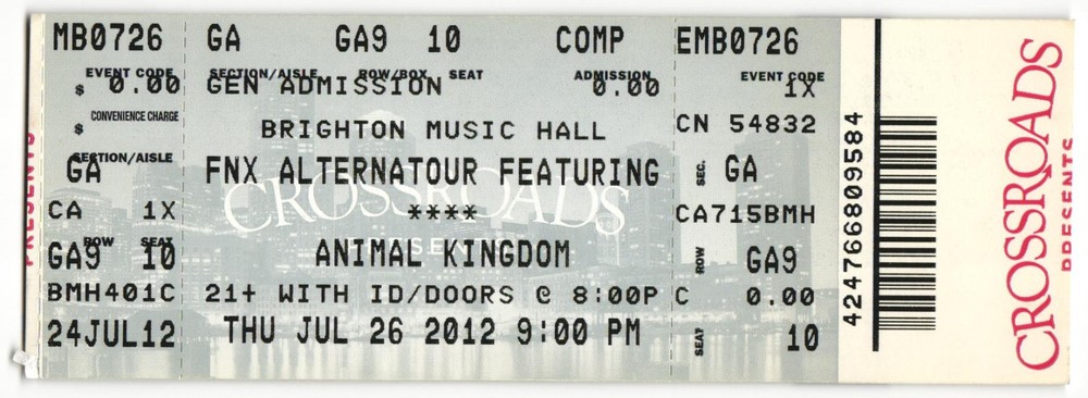 2012 Animal Kingdom Full Complete Concert Ticket Stub Boston MA