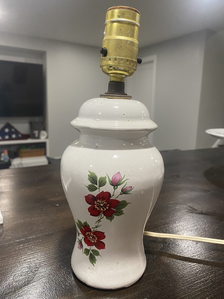 Functioning Vintage White Floral Ceramic Table Lamp NO SHADE