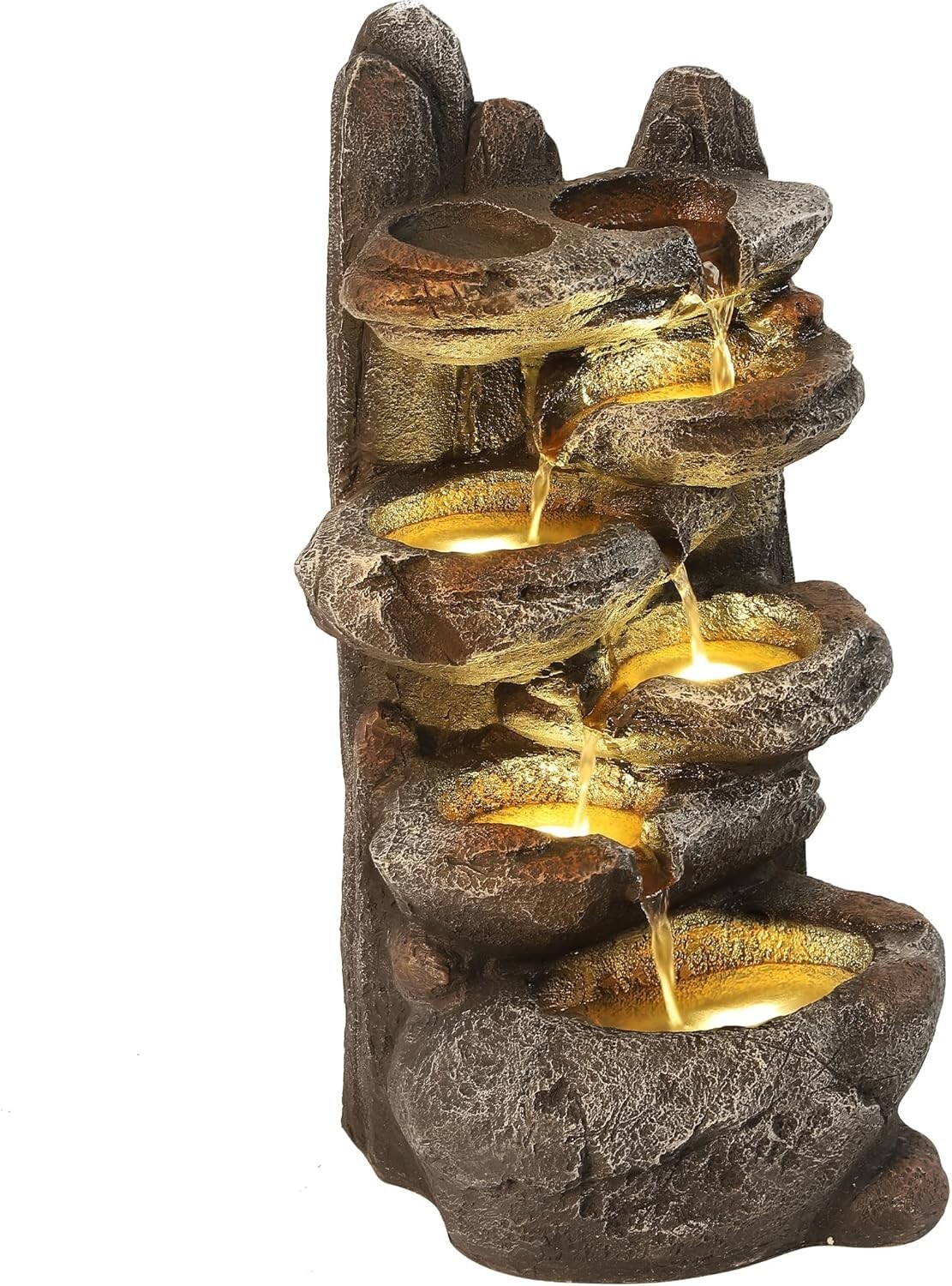 6-Tier Cascading Rock Outdoor Garden Water Fountain with Lights