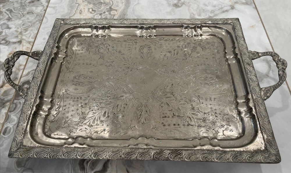 Vintage Towle Rectangular Silver Tray Platter Footed 25"x15" Scrollwork