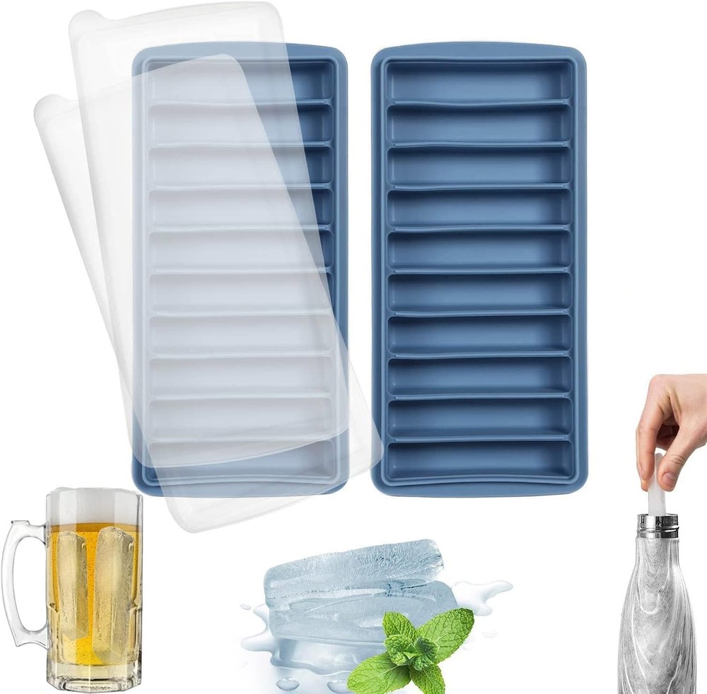2 PCS Ice Cube Tray, Long Ice Stick Tray Silicone with Lid, Rectangular Narro...