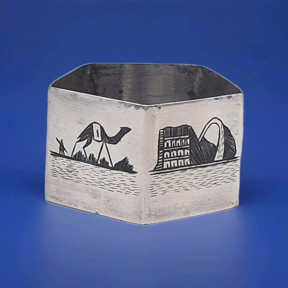 Persian Sterling Silver and Niello Hexagonal Napkin Ring