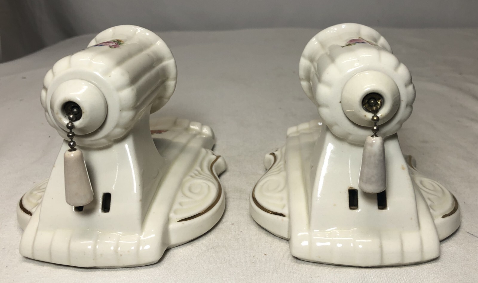 Porcelain Wall Sconce Pair Vtg Ceramic Light Fixture Flower Gold Art USA #i29