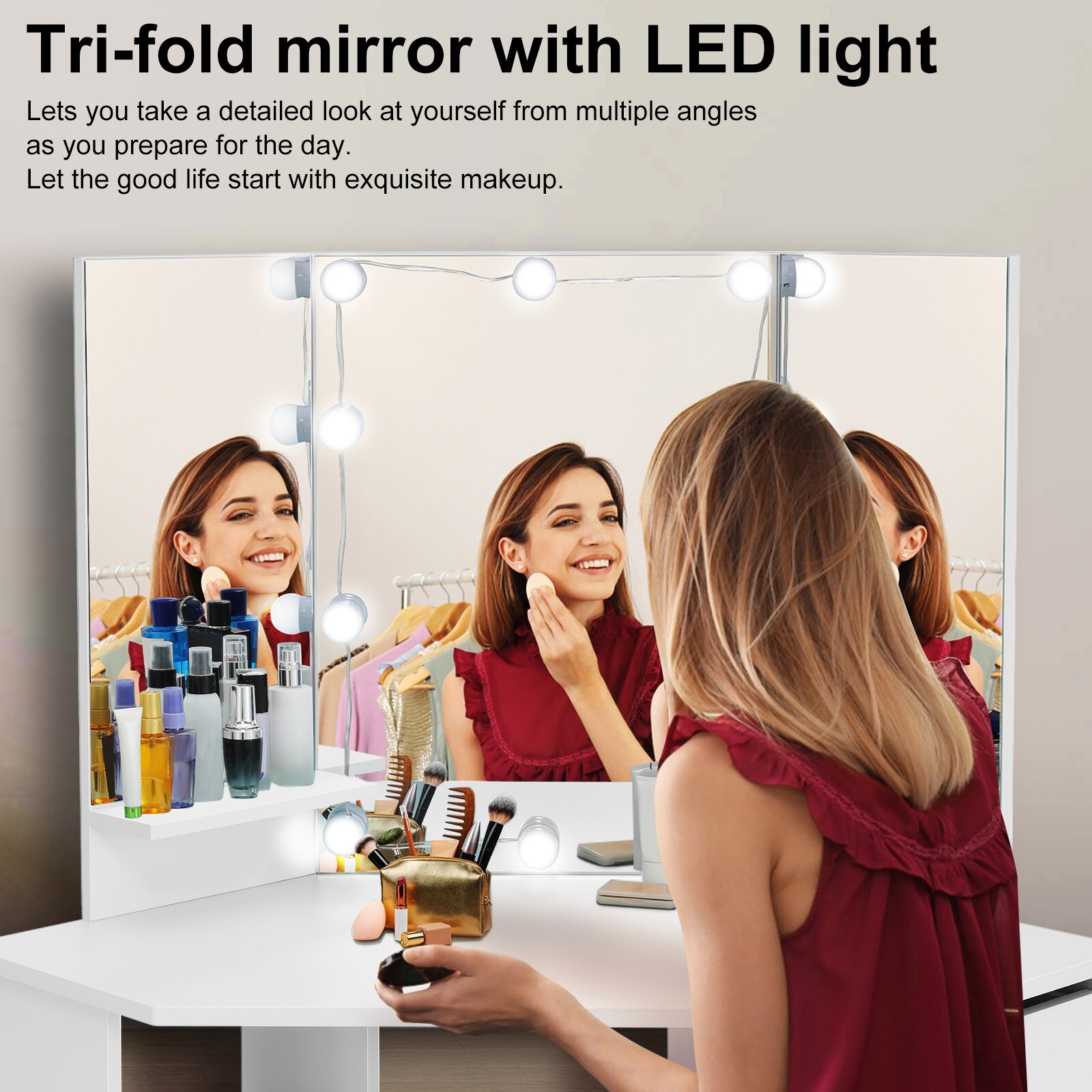 Modern Design Corner Vanity,Lighted Makeup Desk,Bedroom Makeup Table with Lights