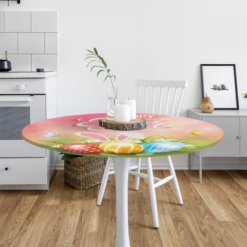 Easter Rabbit Cute Round Fitted Tablecloth Easter Egg Round Table Cover with