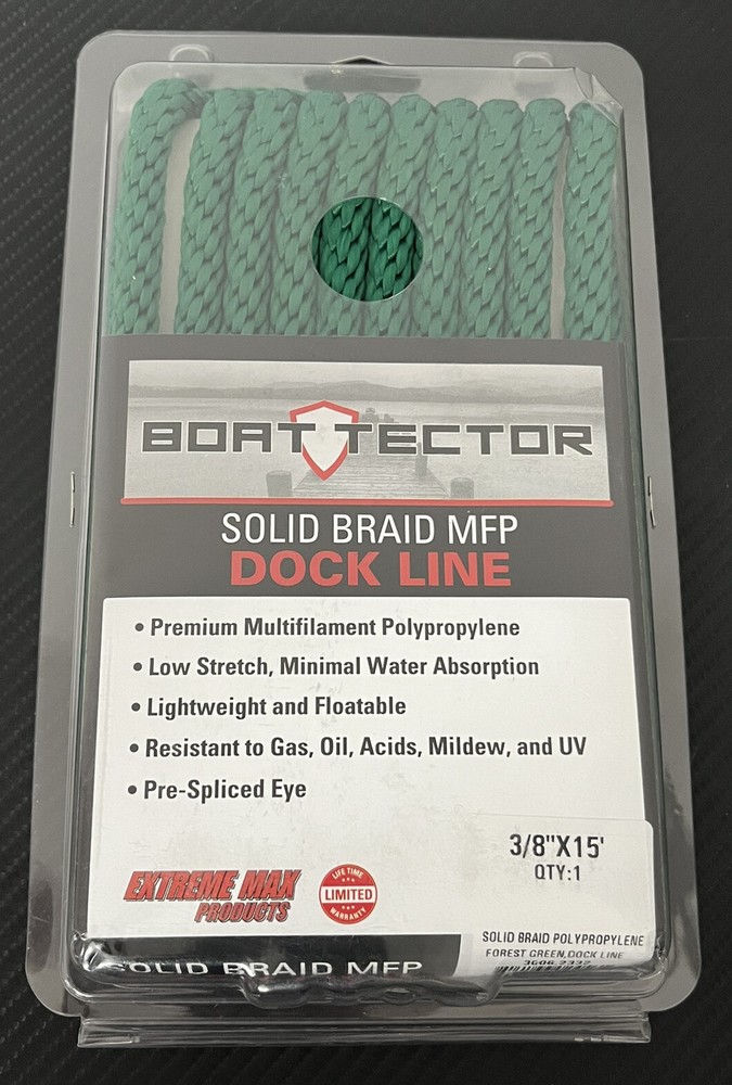 Extreme Max BoatTector Solid Braid MFP Dock Line 3/8"x15', Green Rope - NEW!