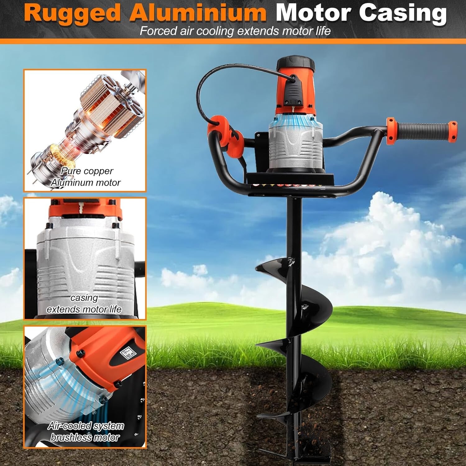 1700W Electric Post Hole Digger with 4, 6, 8 Inch Earth Auger Bits