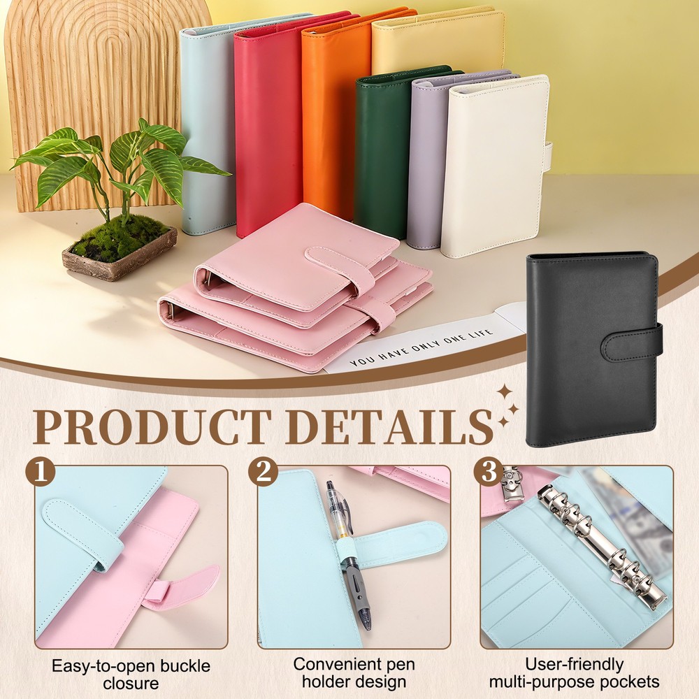 A6 PU Leather Binder Protector, 6 Ring Loose Leaf Notebook Shell, Black