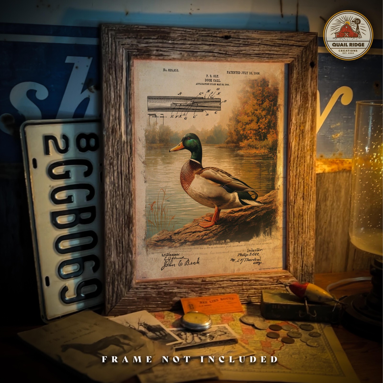 Vintage Duck Hunting Call Patent Art Print Mallard Duck Decoy Cabin Wall Decor