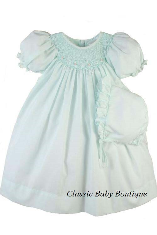 NWT Petit Ami Mint Bishop Smocked 6M 6 Months Baby Girls Dress Daygown Bonnet