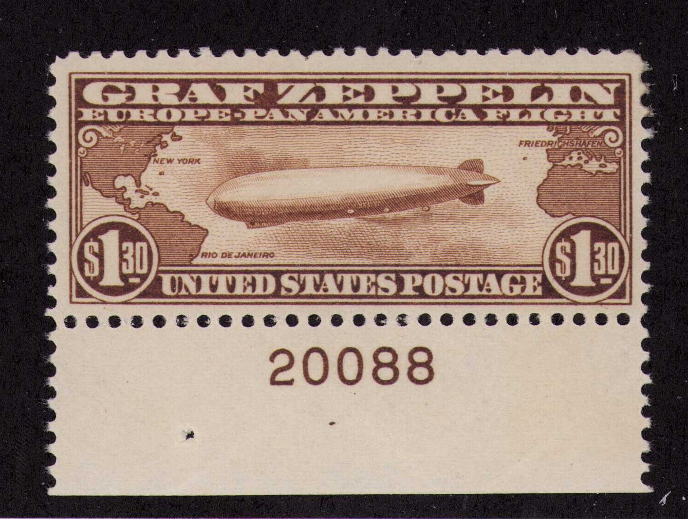 1930 US Graf Zeppelin C14 $1.30 Europe-Pan American Flight MNH Plate Single Cert