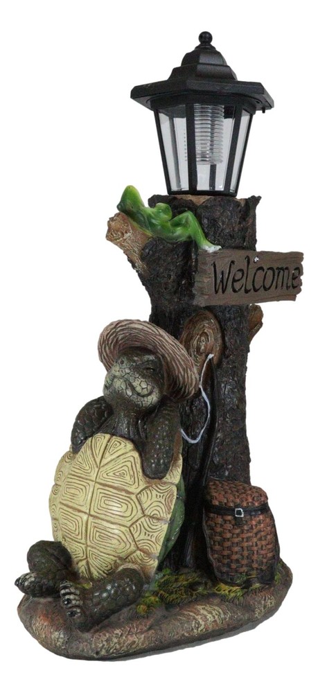 Summer Turtle Tortoise & Frog Hiker Statue With Solar Powered Lantern LED Light