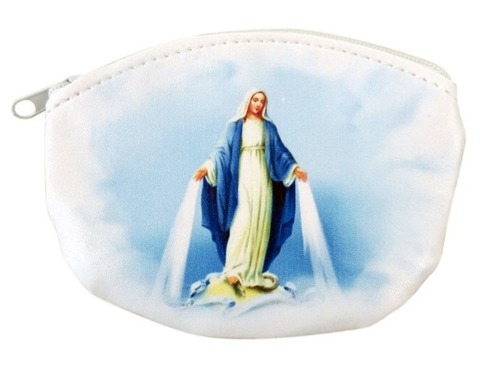 Our Lady of Grace White Leatherette Rosary Case