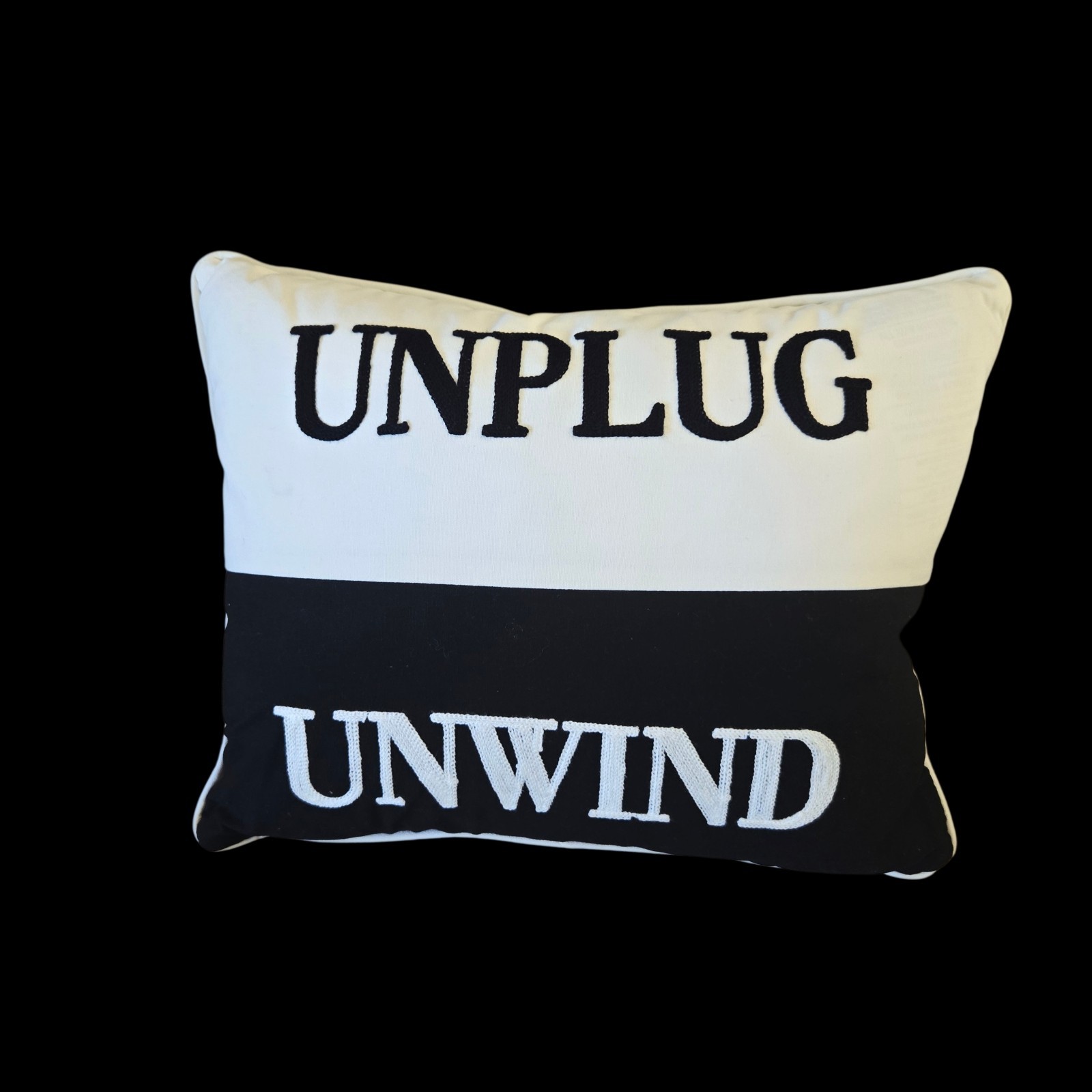 Grandin Road Unplug Unwind Pillow 14 x 18 Word Art Embroidered Accent Pillow NEW