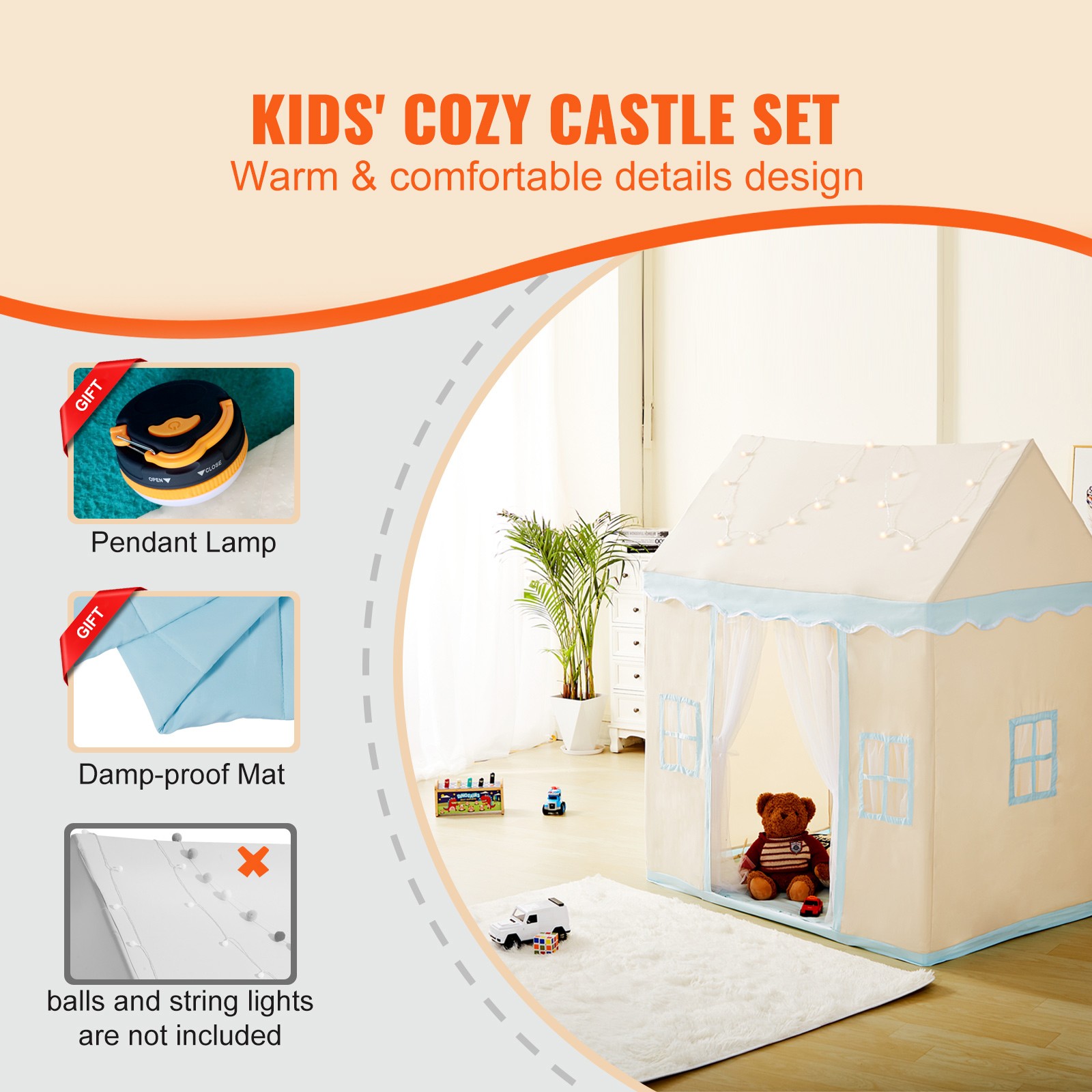 Kids Play Tent Kids Tent for 1-5 Years Old Toddler Tent with Mat and Lamp